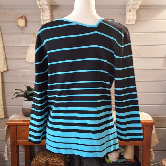 Cyrus Black Turquoise Stripe Knit Top Asymmetrical Neck Line Sz L Bold Unique... - Picture 2 of 6